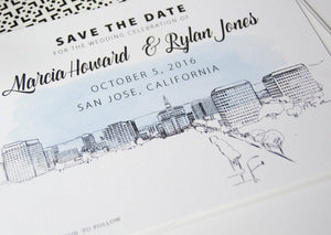 San Jose Wedding Save the Date Cards, Skyline Save the Dates (set of 25 cards and white envelopes)