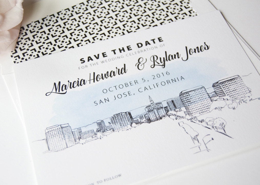 San Jose Wedding Save the Date Cards, Skyline Save the Dates (set of 25 cards and white envelopes)