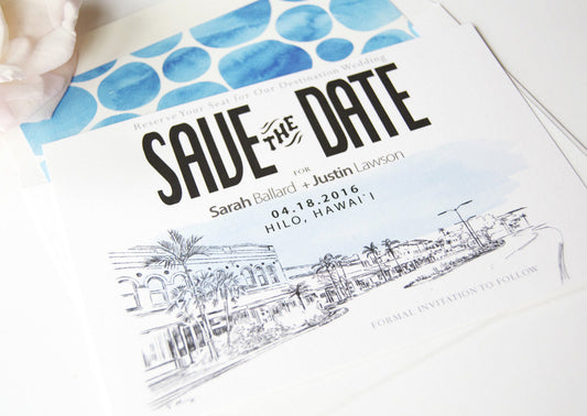 Hilo Hawaii Skyline Destination Wedding Save the Date Cards (set of 25 cards and white envelopes)