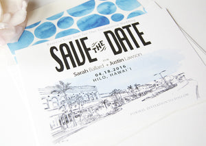 Hilo Hawaii Skyline Destination Wedding Save the Date Cards (set of 25 cards and white envelopes)