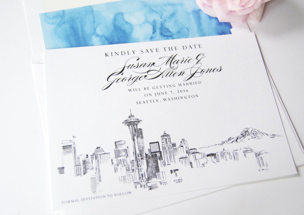 Seattle Skyline Save the Date Cards, Save the Dates, Washington Skyline, Seattle Wedding  (set of 25 cards)