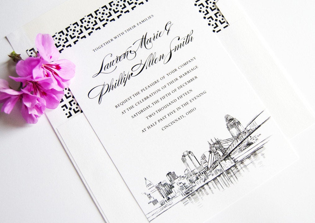 Cincinnati Skyline Wedding Invitation, Cincinnati Wedding Invite, Cincinnati Skyline (Set of 10 Invitations, RSVP Cards + Envelopes)