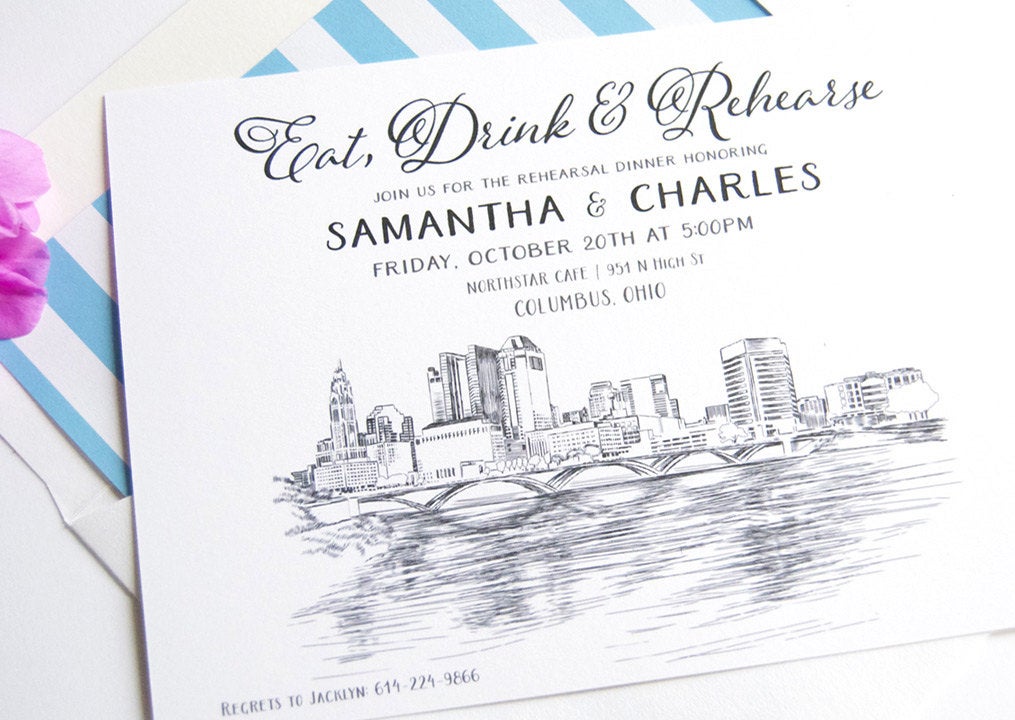 Columbus, Ohio Skyline Rehearsal Dinner Invitations (set of 25 cards)