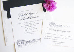 Chattanooga Skyline Hand Drawn Modern Wedding Invitation Package (Sold in Sets of 10 Invitations, RSVP Cards + Envelopes)