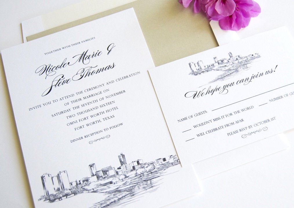 Fort Worth, Texas Skyline Wedding Invitation Package (Sold in Sets of 10 Invitations, RSVP Cards + Envelopes)