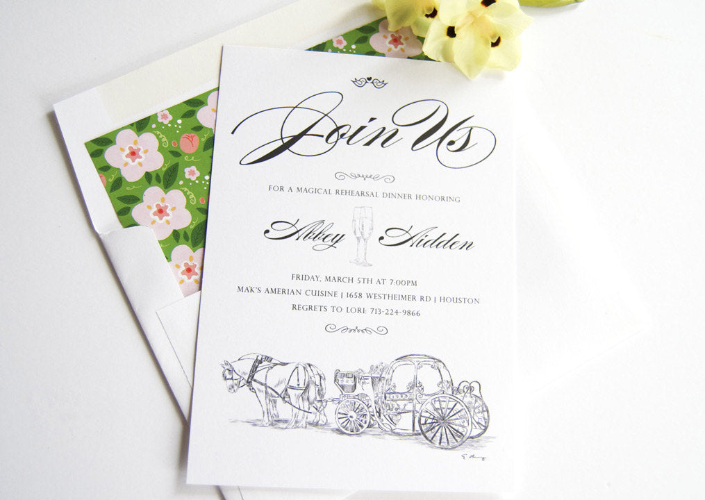 Disney Inspired Cinderella's Carriage Fairytale Wedding Rehearsal Dinner Invitations (set of 25 cards)