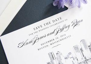 Boston Skyline Hand Drawn Save the Date Cards (set of 25 cards)