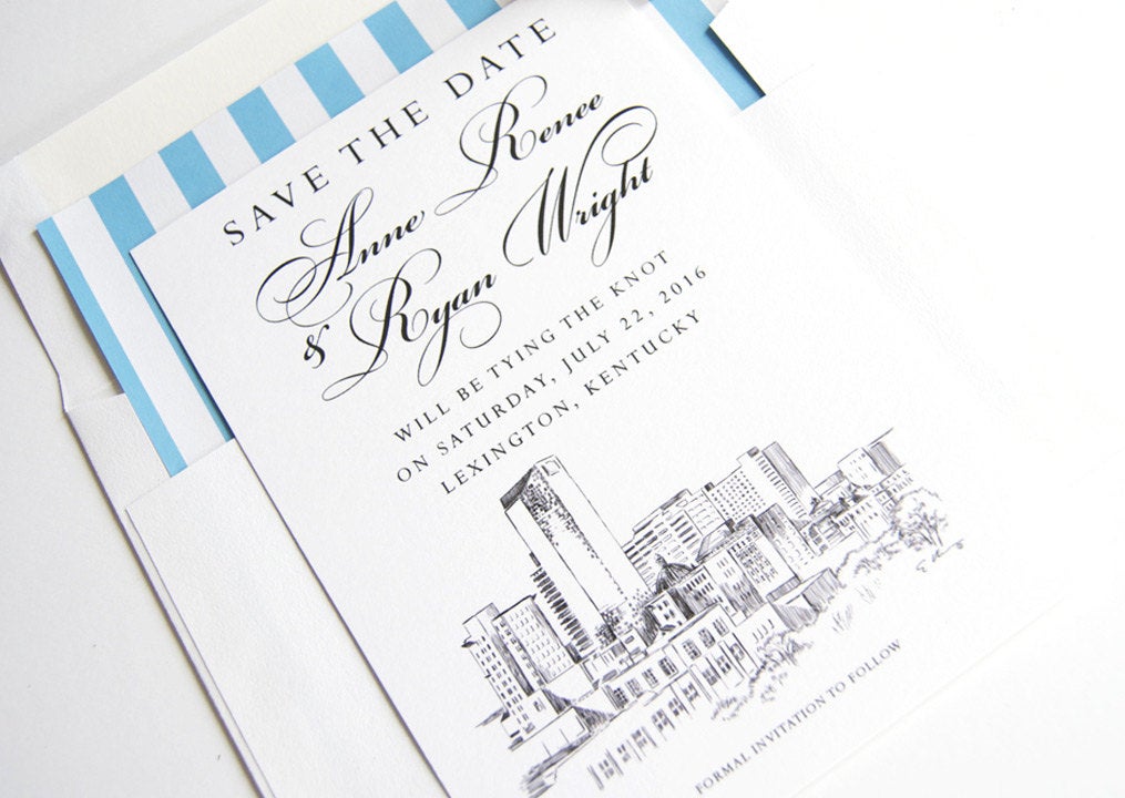 Lexington, Kentucky Wedding Save the Date Cards, Skyline Save the Dates (set of 25 cards and white envelopes)