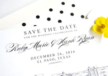 Load image into Gallery viewer, El Paso, Texas Wedding Save the Date Cards, Skyline Save the Dates (set of 25 cards and white envelopes)
