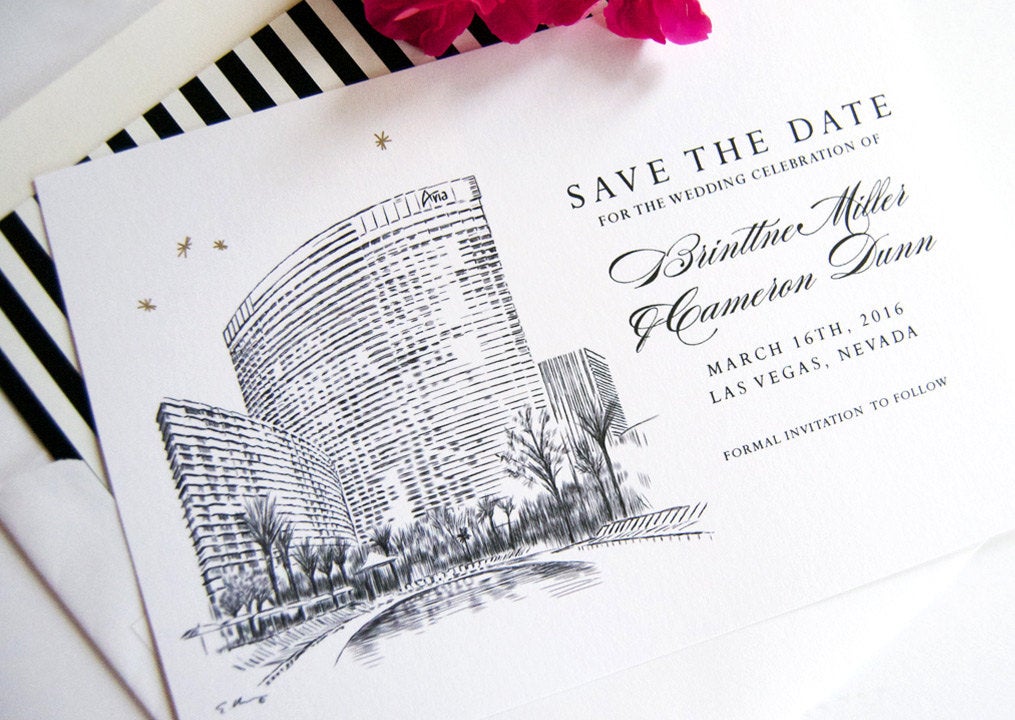 Aria Hotel, Las Vegas Destination Wedding Skyline Save the Date Cards (set of 25 cards and white envelopes)