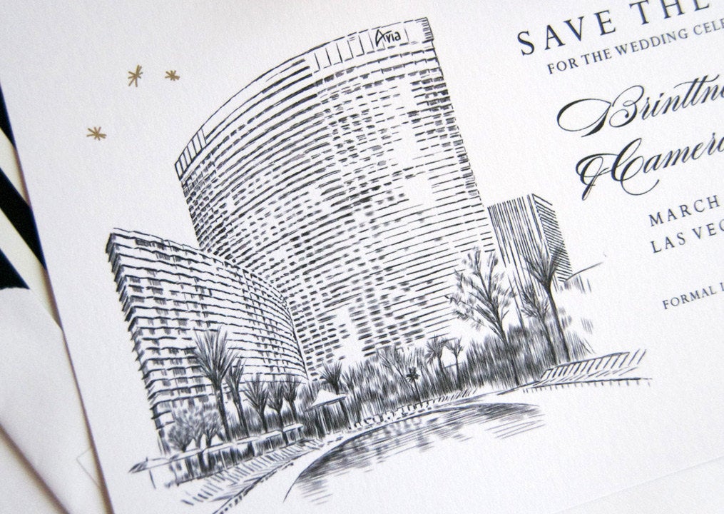 Aria Hotel, Las Vegas Destination Wedding Skyline Save the Date Cards (set of 25 cards and white envelopes)