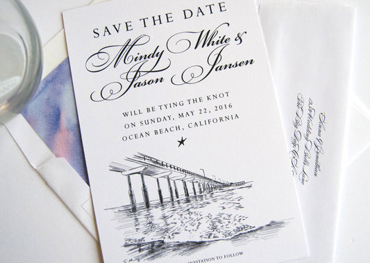 Ocean Beach, San Diego Beach Destination Wedding Skyline Save the Date Cards (set of 25 cards and white envelopes)