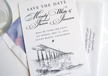 Load image into Gallery viewer, Ocean Beach, San Diego Beach Destination Wedding Skyline Save the Date Cards (set of 25 cards and white envelopes)
