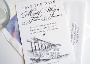 Ocean Beach, San Diego Beach Destination Wedding Skyline Save the Date Cards (set of 25 cards and white envelopes)