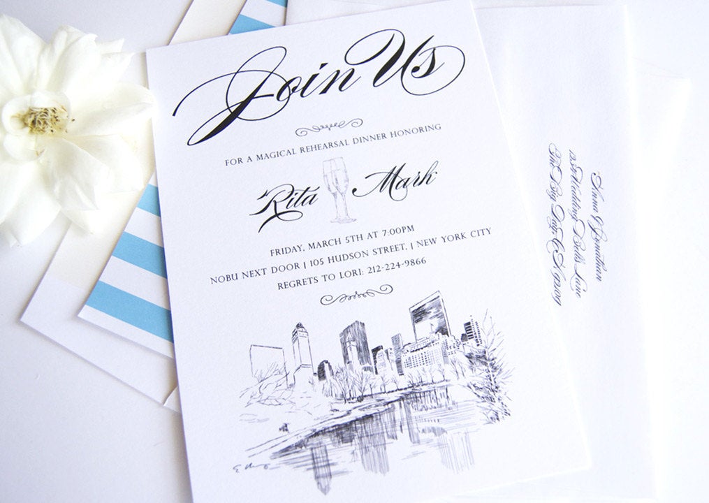 Central Park, New York Skyline Hand Drawn Rehearsal Dinner Invitations (set of 25 cards)