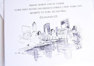 Central Park, New York Skyline Hand Drawn Rehearsal Dinner Invitations (set of 25 cards)
