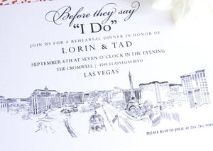 Las Vegas Skyline Destination Wedding Hand Drawn Rehearsal Dinner Invitations (set of 25 cards)