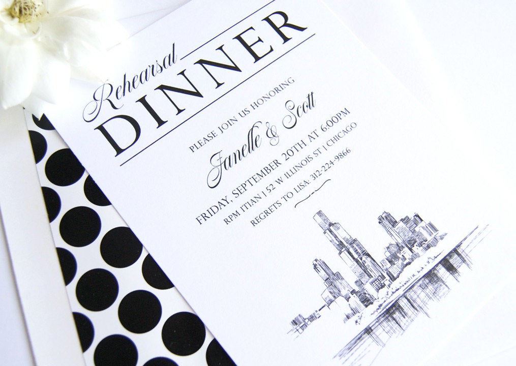 Chicago Skyline Hand Drawn Rehearsal Dinner Invitations (set of 25 cards)