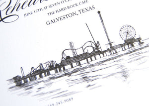 Galveston, Texas Skyline Hand Drawn Rehearsal Dinner Invitations (set of 25 cards)