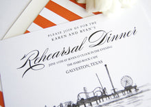 Load image into Gallery viewer, Galveston, Texas Skyline Hand Drawn Rehearsal Dinner Invitations (set of 25 cards)

