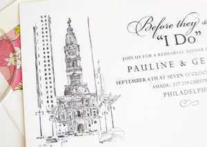 Philadelphia City Hall Skyline Rehearsal Dinner Invitations (set of 25 cards)