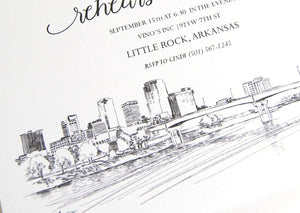 Little Rock, Arkansas Skyline Hand Drawn Rehearsal Dinner Invitations (set of 25 cards)