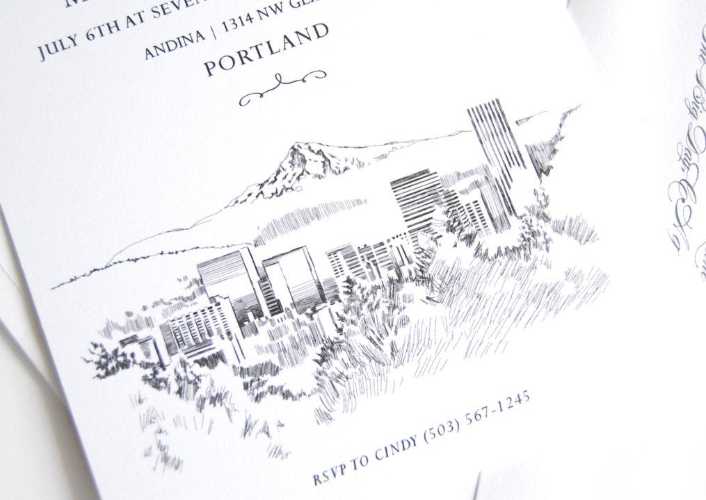 Portland Skyline Hand Drawn Rehearsal Dinner Invitations (set of 25 cards)