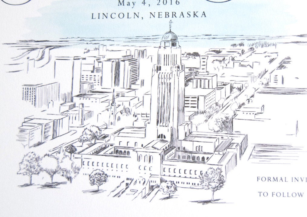 Lincoln, Nebraska Skyline Hand Drawn Save the Date Cards (set of 25 cards)