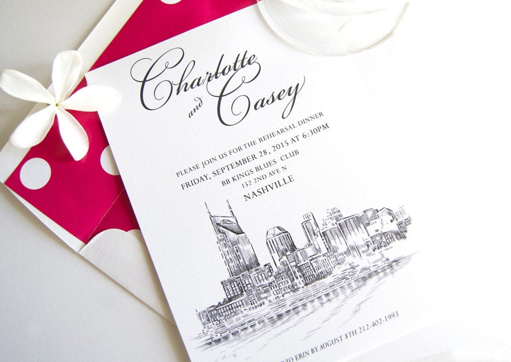 Nashville Waterfront View Skyline Weddings Rehearsal Dinner Invitations (set of 25 cards)