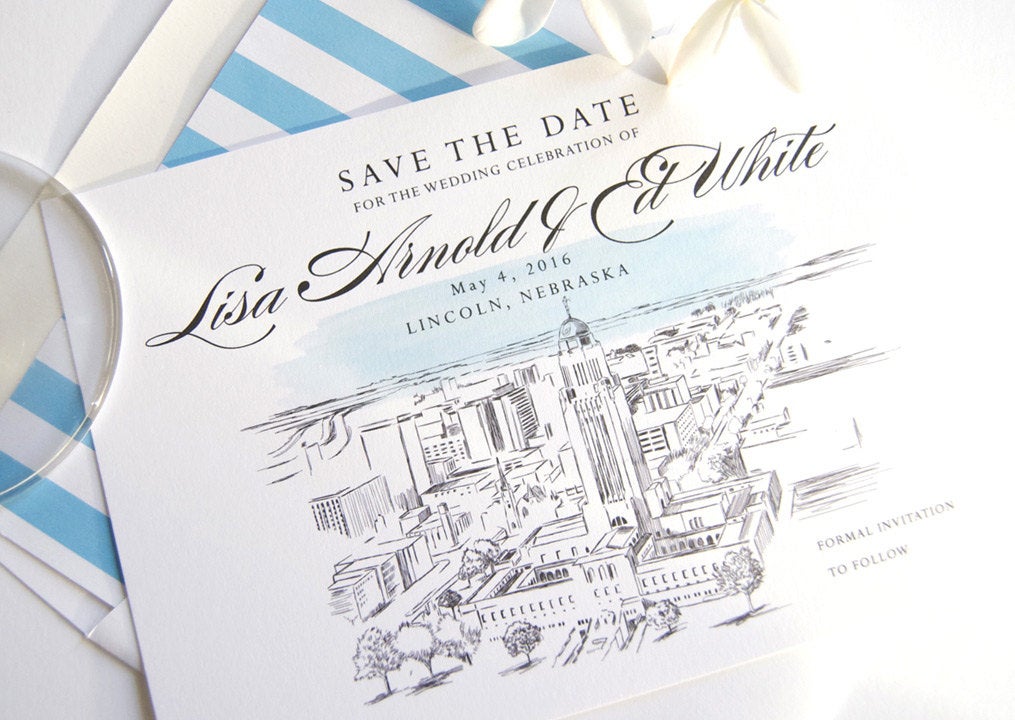 Lincoln, Nebraska Skyline Hand Drawn Save the Date Cards (set of 25 cards)