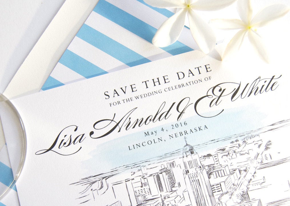 Lincoln, Nebraska Skyline Hand Drawn Save the Date Cards (set of 25 cards)