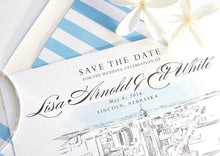 Load image into Gallery viewer, Lincoln, Nebraska Skyline Hand Drawn Save the Date Cards (set of 25 cards)
