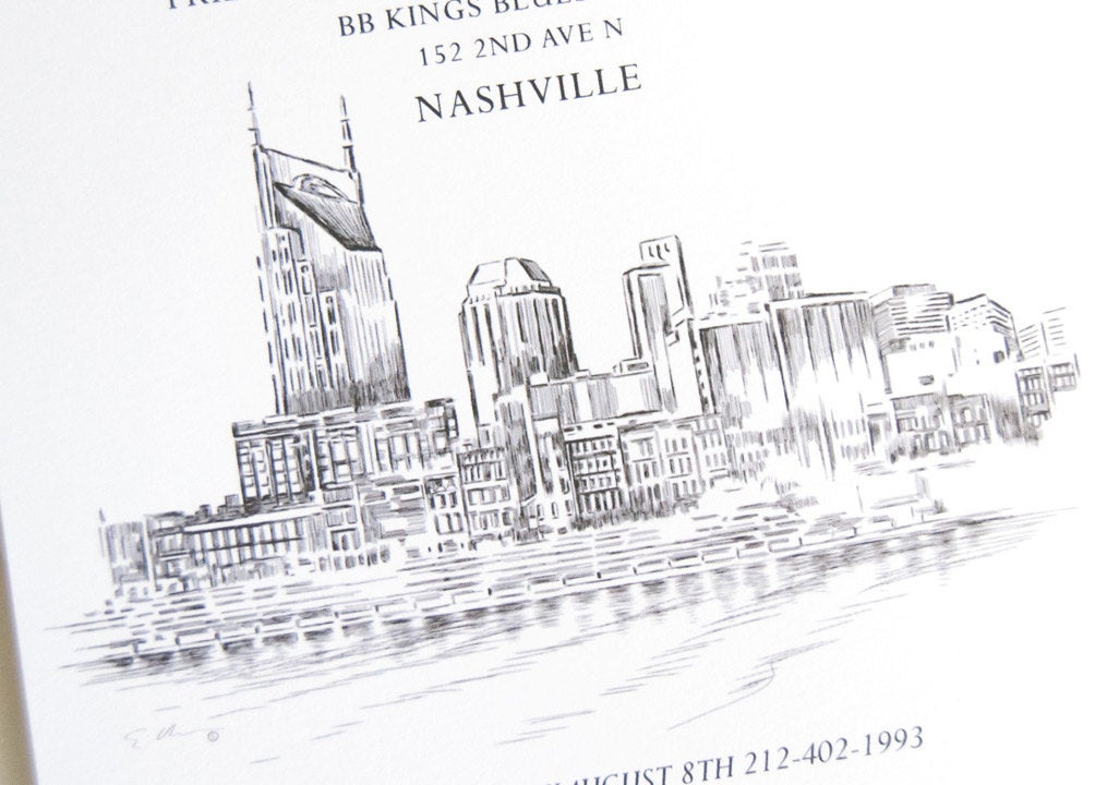 Nashville Waterfront View Skyline Weddings Rehearsal Dinner Invitations (set of 25 cards)