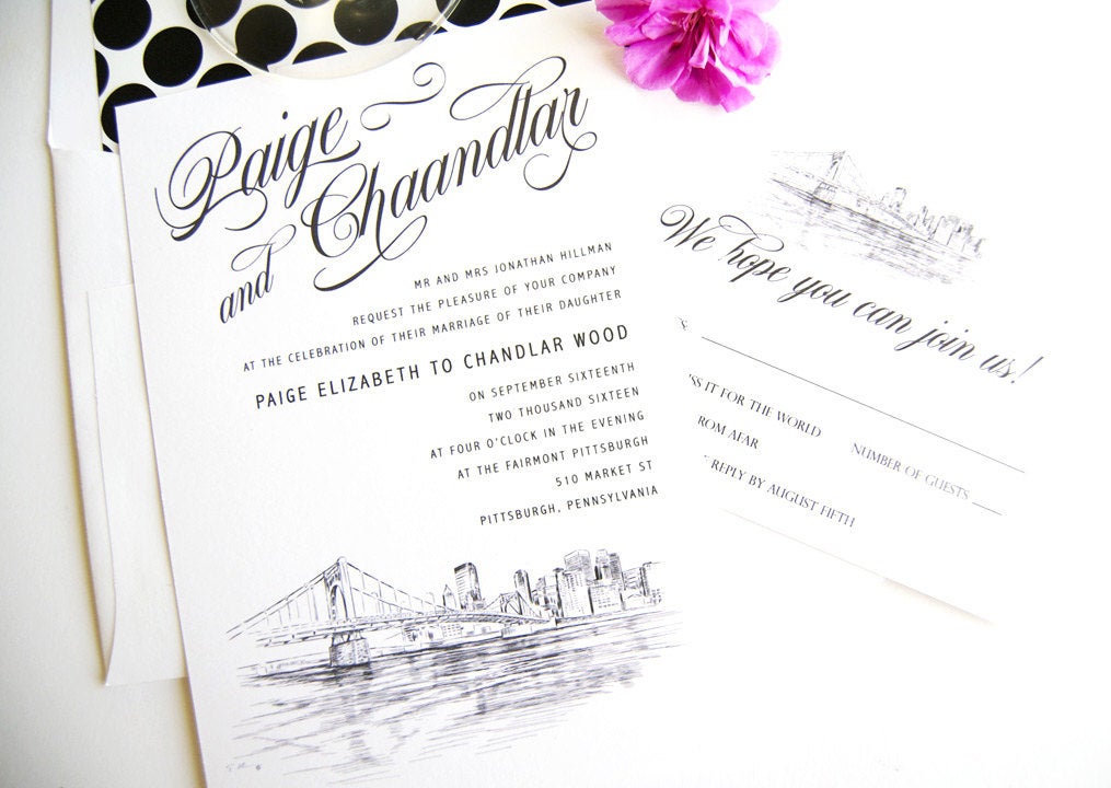 Pittsburgh Skyline Wedding Invitations Package (Sold in Sets of 10 Invitations, RSVP Cards + Envelopes)