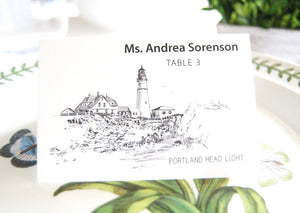 Portlandhead Light House Skyline Place Cards Personalized with Guests Names (Sold in sets of 25 Cards)