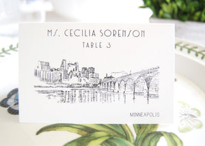 Minneapolis Skyline Hand Drawn Place Cards Personalized with Guests Names (Sold in sets of 25 Cards)