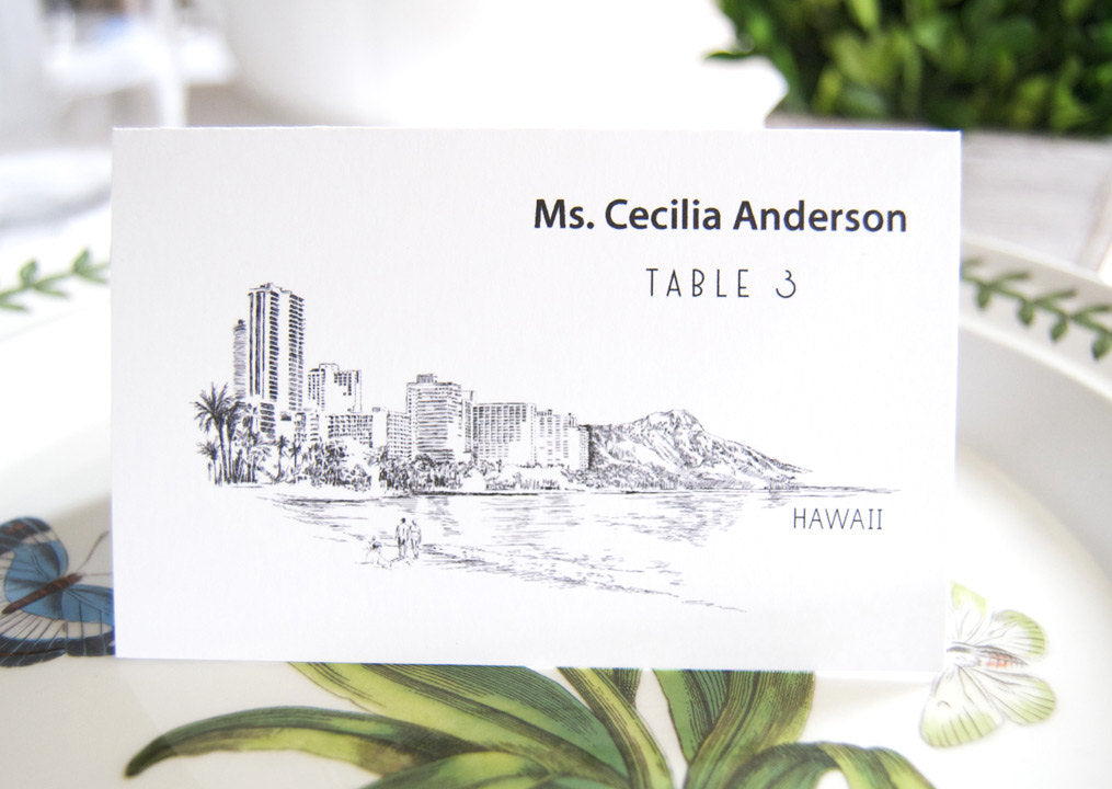Hawaii Skyline Place Cards Personalized with Guests Names (Sold in sets of 25 Cards)