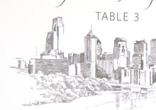 Load image into Gallery viewer, Philadelphia Skyline Hand Drawn Place Cards Personalized with Guests Names (Sold in sets of 25 Cards)
