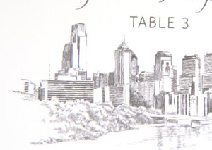Philadelphia Skyline Hand Drawn Place Cards Personalized with Guests Names (Sold in sets of 25 Cards)