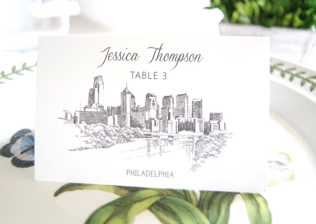 Philadelphia Skyline Hand Drawn Place Cards Personalized with Guests Names (Sold in sets of 25 Cards)