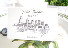 Load image into Gallery viewer, Philadelphia Skyline Hand Drawn Place Cards Personalized with Guests Names (Sold in sets of 25 Cards)
