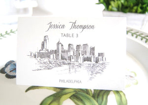 Philadelphia Skyline Hand Drawn Place Cards Personalized with Guests Names (Sold in sets of 25 Cards)