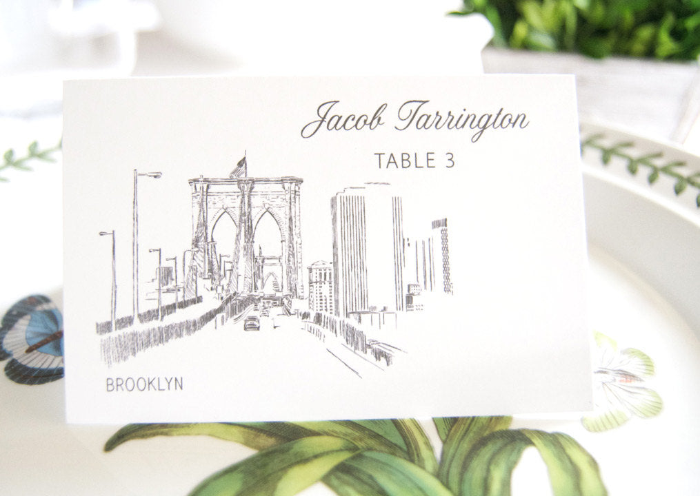 Brooklyn Bridge Skyline Place Cards Personalized with Guests Names (Sold in sets of 25 Cards)