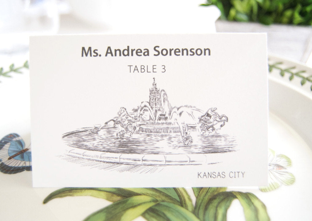 Kansas City Fountain Skyline Folded Place Cards (Set of 25 Cards)