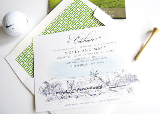 Riviera Hotel Palm Springs Destination Wedding Rehearsal Dinner Invitations (set of 25 cards)