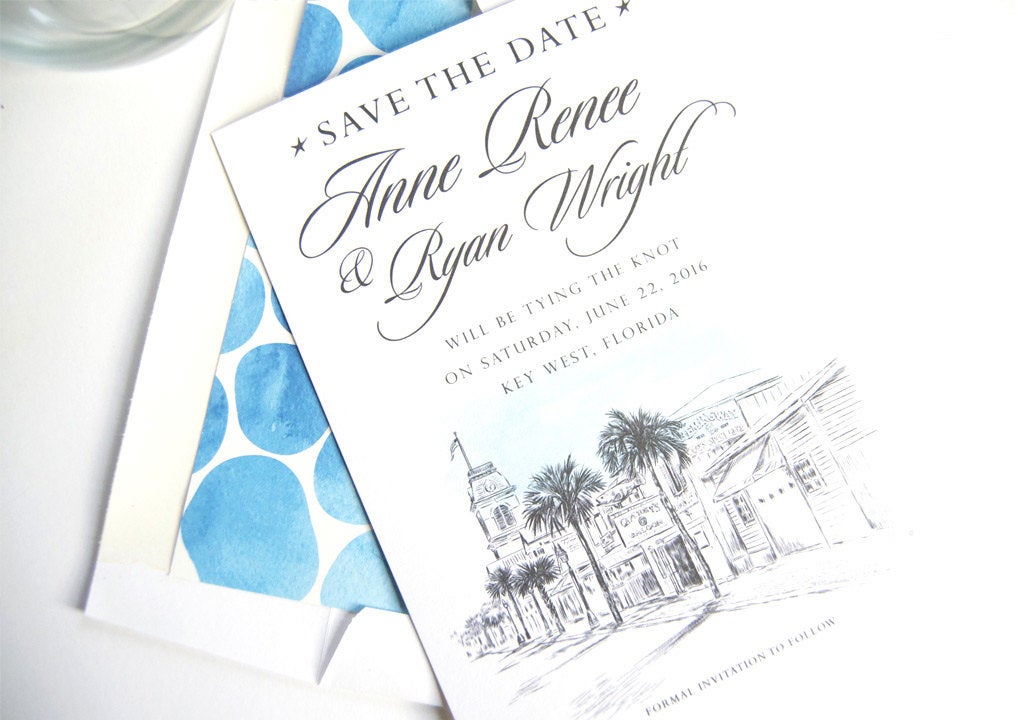 Key West Skyline Hand Drawn Save the Date Cards (set of 25 cards)
