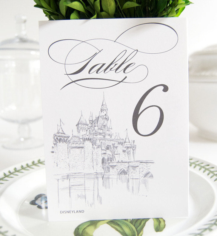 Disney Inspired Fairytale Wedding, Castle Skyline Table Numbers (1-10)