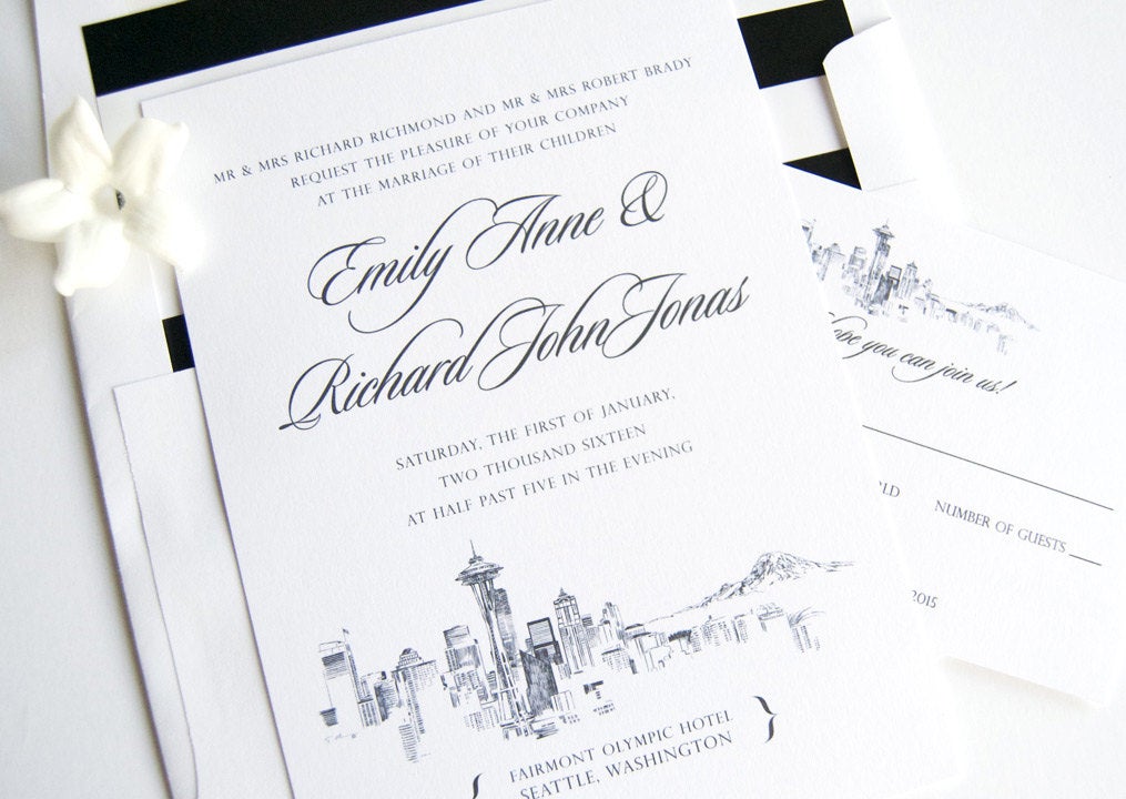 Seattle Skyline Hand Drawn Wedding Invitation, Seattle Wedding, Invite, Invitations (Sold in Sets of 10 Invitations, RSVP Cards + Envelopes)