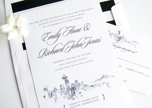 Seattle Skyline Hand Drawn Wedding Invitation, Seattle Wedding, Invite, Invitations (Sold in Sets of 10 Invitations, RSVP Cards + Envelopes)