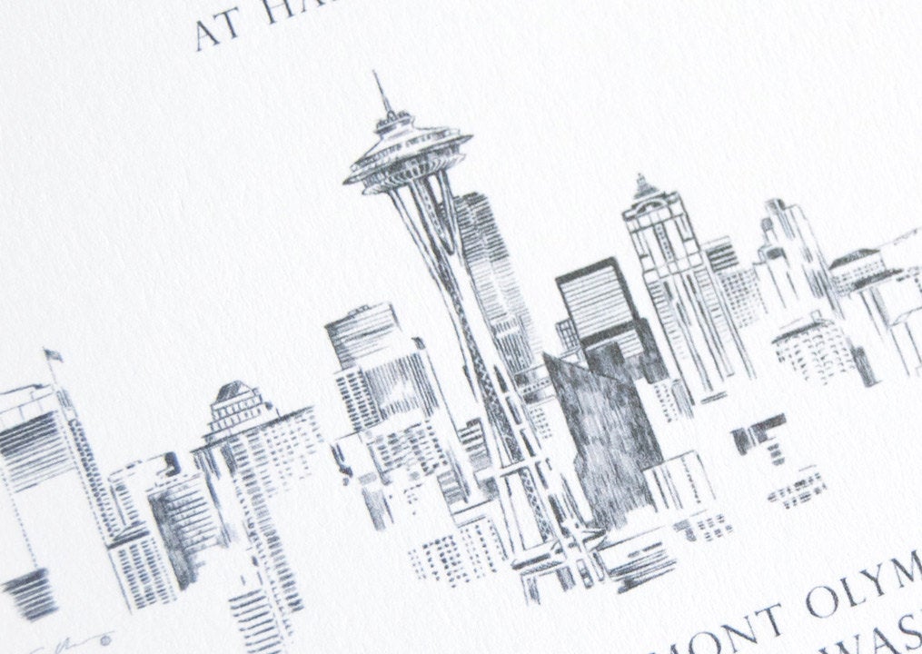 Seattle Skyline Hand Drawn Wedding Invitation, Seattle Wedding, Invite, Invitations (Sold in Sets of 10 Invitations, RSVP Cards + Envelopes)